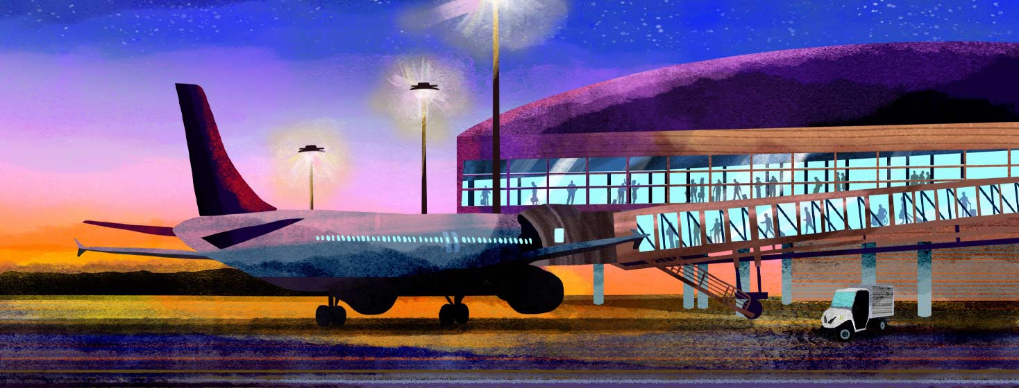 an airport airplane at sunset traveling