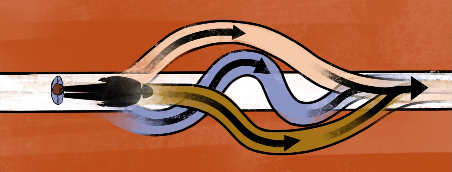 A person stands at the beginning of a path that goes in many directions, all eventually merging together.